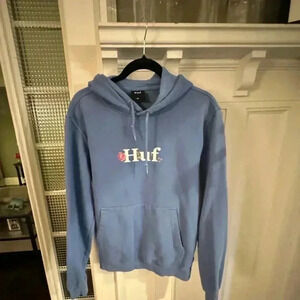 Huf pullover hoodie women’s blue with logo on back and front size Small